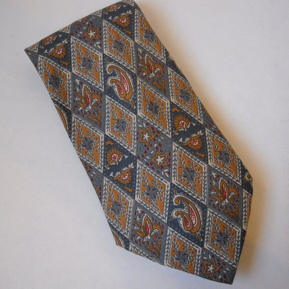 Christopher Hayes Neck Tie Steel Blue Gold 100% Silk Floral Diamond Paisley - Picture 1 of 6